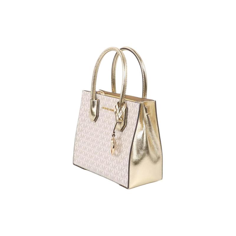 MICHAEL KORS Mercer Signature Logo Metal Organ Coated Canvas Shoulder Crossbody Bag Medium Women's Vanilla