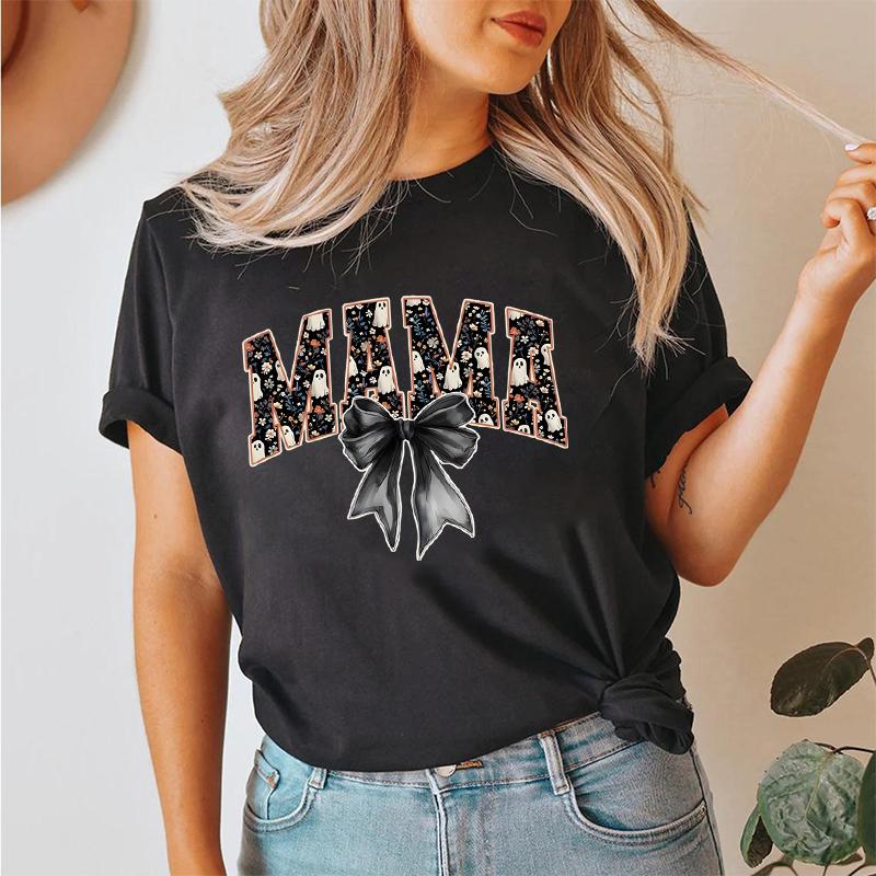 Leopard Lightning Mama Graphic T Shirts Cute Flower Bow Mom Life Vintage T Shirts New Mom Gift Wildflowers Mama Crewneck T-shirt