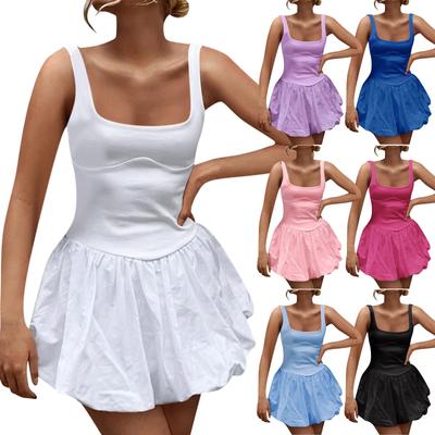 Women's  Summer Dress Tank Sleeveless Square Neck Solid Color Puffy Beach Short Dresses Sundress