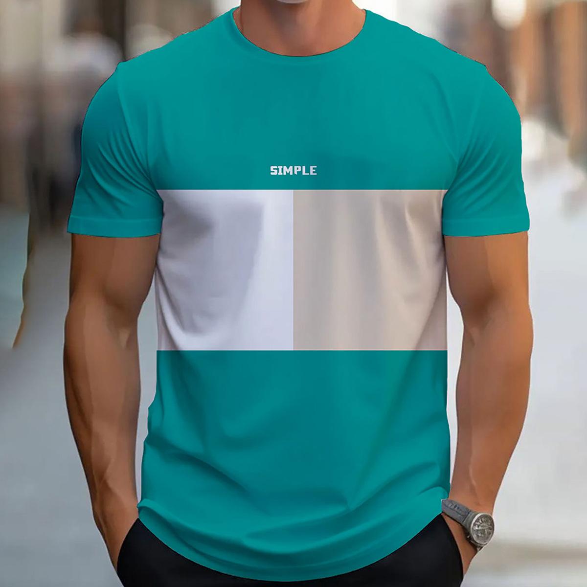 

Summer Round Neck 3D Gradient Color Blocking Print Top Fashionable Casual Short Sleeved Men s T-shirts XS