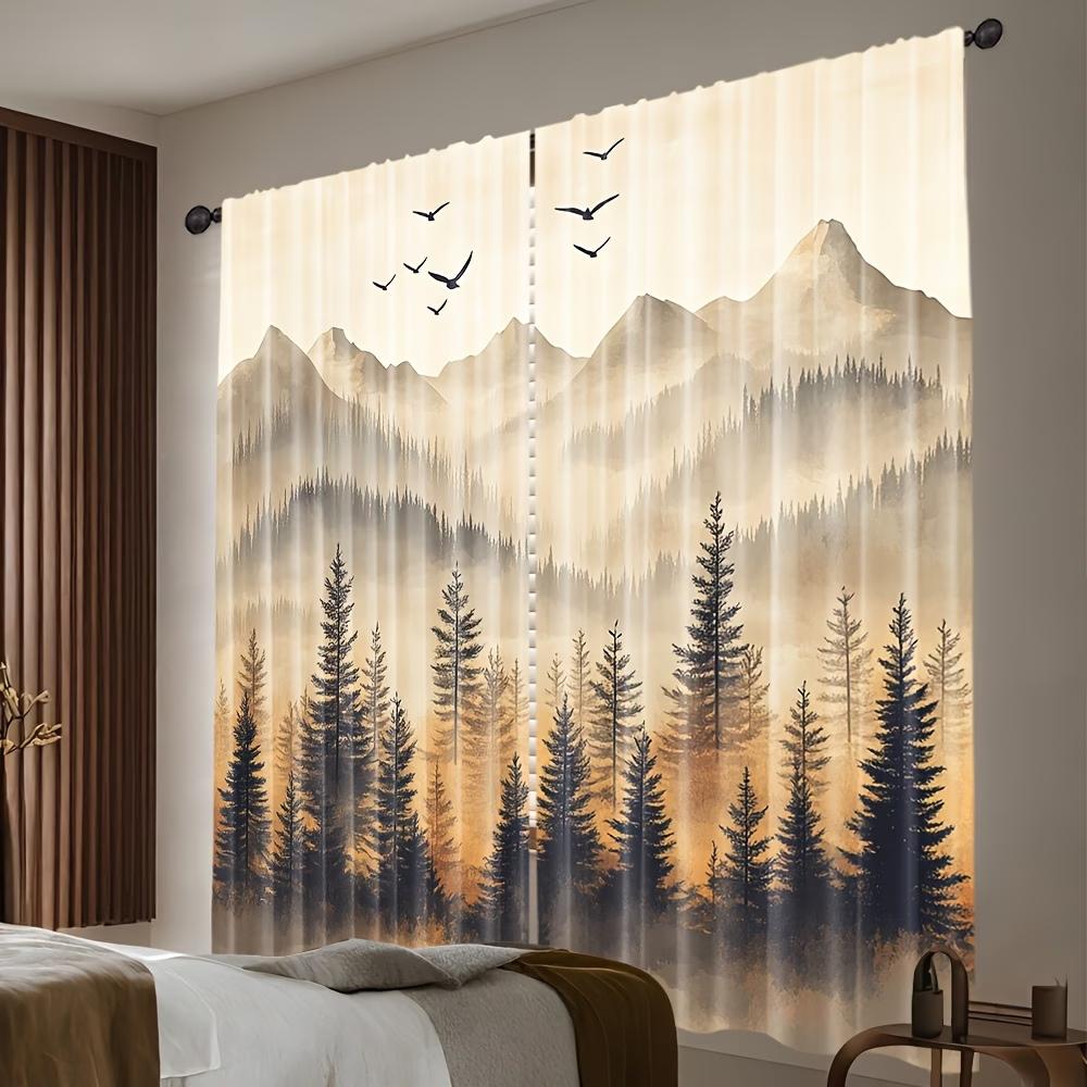 2PCS Digital Printed Curtains, Mountain Forest Flying Birds Nature Scene, Window Drapes for Living Room Bedroom Home Decoration