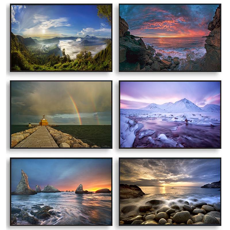 Sunset Mountains Sky Posters Sea Landscape Canvas Painting Natural Scenery Wall Art Pictures Living Room Home Decor Gift Poster
