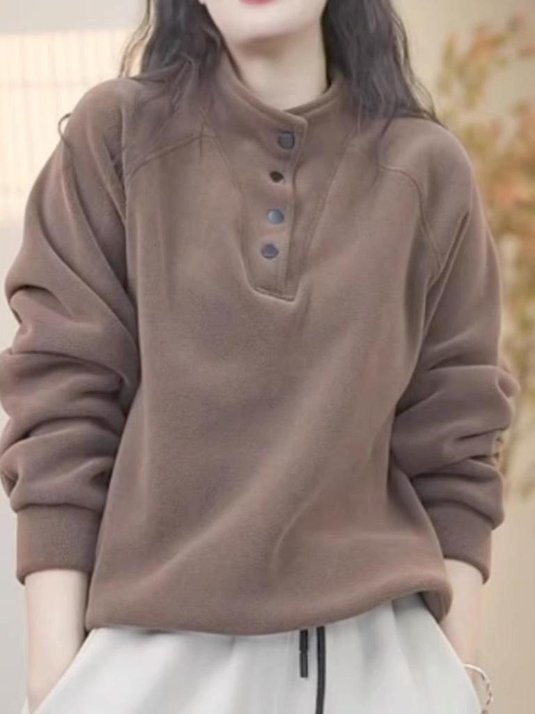 Women's 2025 Autumn/Winter Velvet Sweatshirt: Button Stand-Up Collar, Loose Fit, Plus Size, Fleece-Lined, Warm, Long-Sleeved Top