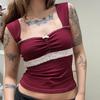 Niche style lace square collar court style short-sleeved top spring new sweet and spicy slim fashion top