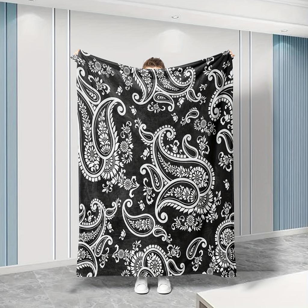 1 Stück Schwarz-Weiß-Blumenmuster Flanelldecke - Weich, Hochauflösender Digitaldruck, Ganzjahres-Gemütliche Decke für Zuhause und Freunde