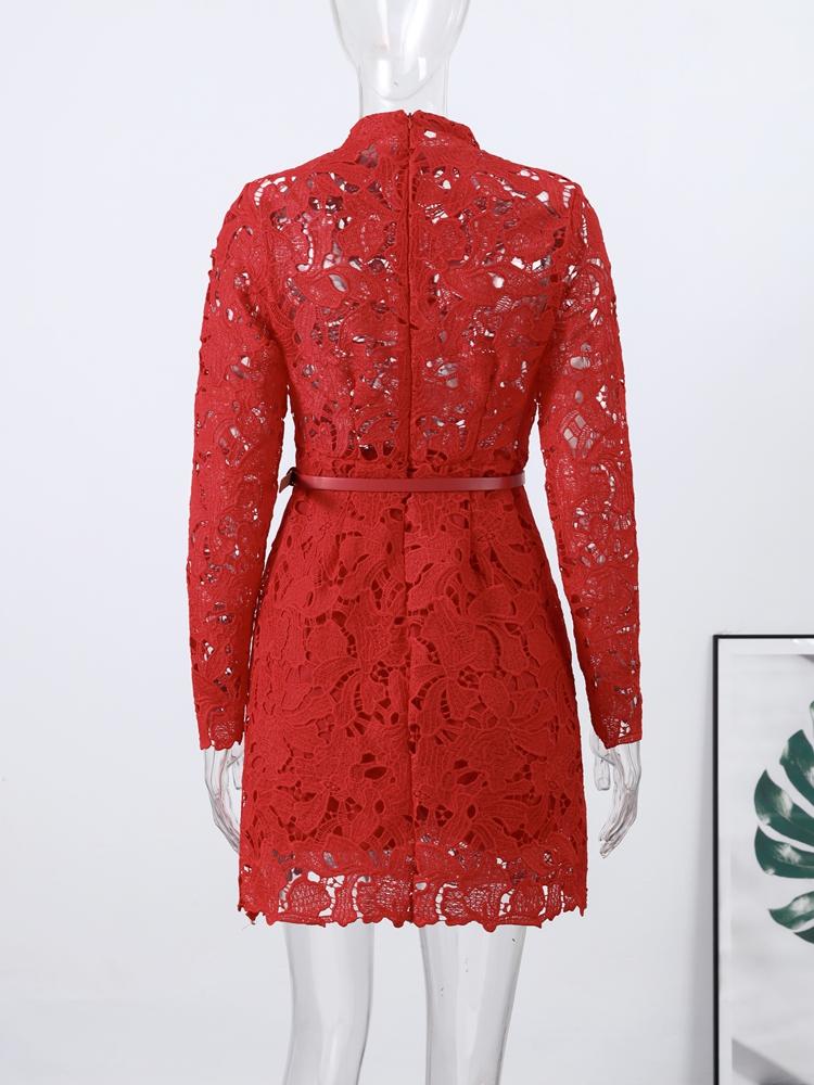 Damen Langarm Durchsichtiges Kleid Damen Blumen Ausgehöhlt Stehkragen Kleid Weihnachtsfeier Geburtstag Rotes Kleid 2025