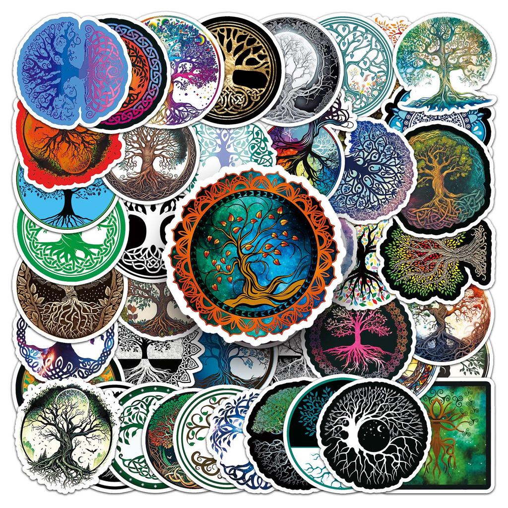 50pcs Tree of Life Graffiti Trend Totem Waterproof Stickers for Water Bottles, Skateboards, and Suitcases