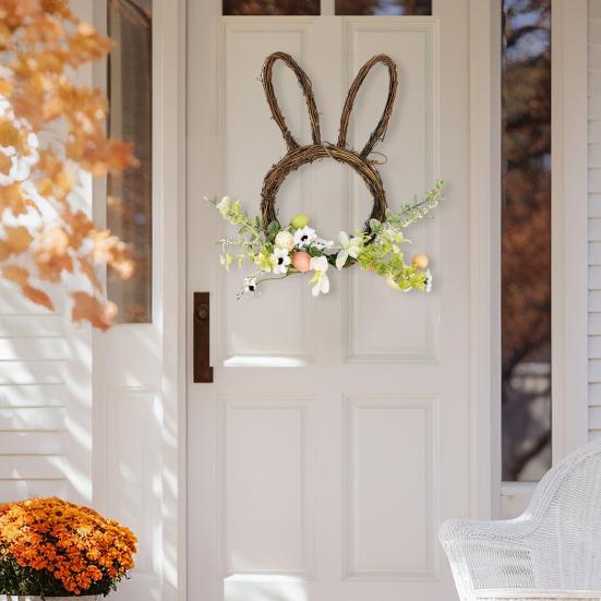 Osterhase Kranz Kleine Hasenform Rattan Kranz mit Pastell-Eiern Blumen für Haustür Innen Außen Frühling Haus Fenster Wand Dekoration