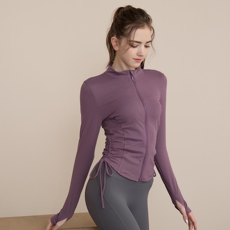 

Фитнес-топ с застежкой-молнией и шнурком: Куртка с воротником-стойкой, облегающего кроя, длинными рукавами для занятий йогой и пробежек на свежем воздухе весной и осенью