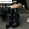 Winter Chunky Women Knee High Boots Fashion Slip On Pleated Long Booties Square Heels Party Dress Ladies Shoes