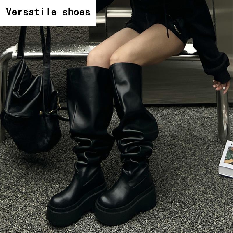 Winter Chunky Women Knee High Boots Fashion Slip On Pleated Long Booties Square Heels Party Dress Ladies Shoes