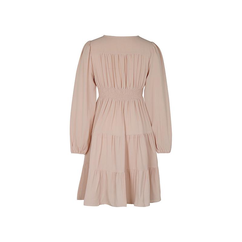 Frühling Sommer Damen Langarm Solid Plissee Hohe Taille A Linie V-Ausschnitt Langes Kleid