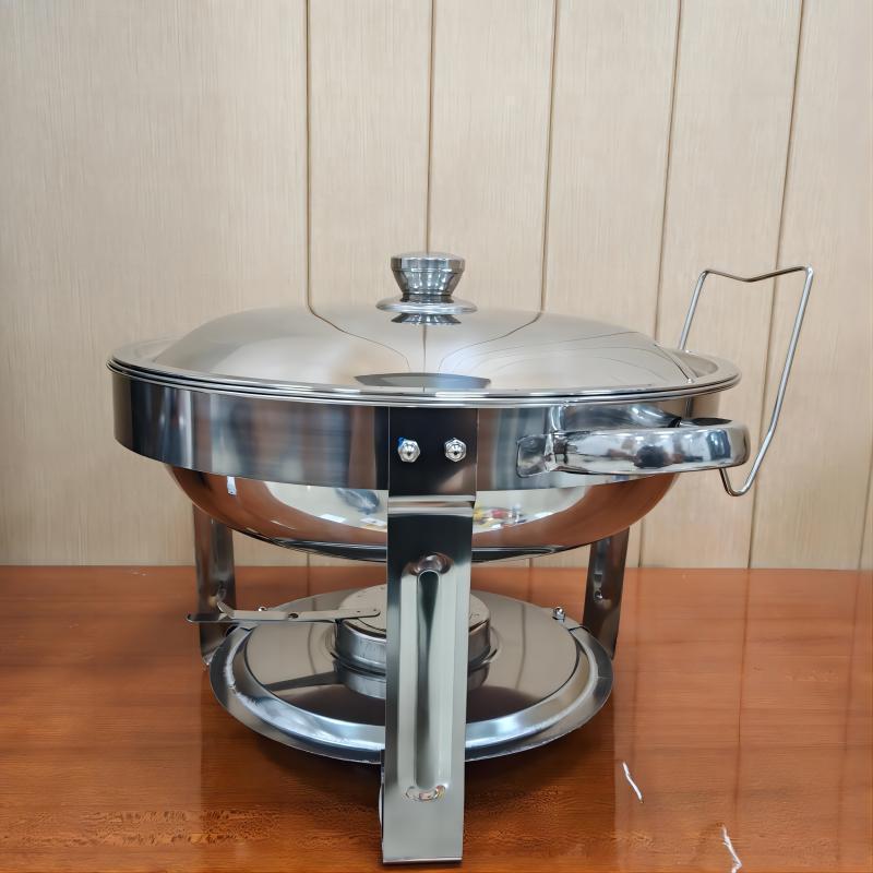 Stainless Steel 5L Round Alcohol Buffet Stove with Glass Lid and Hook for Outdoor Use