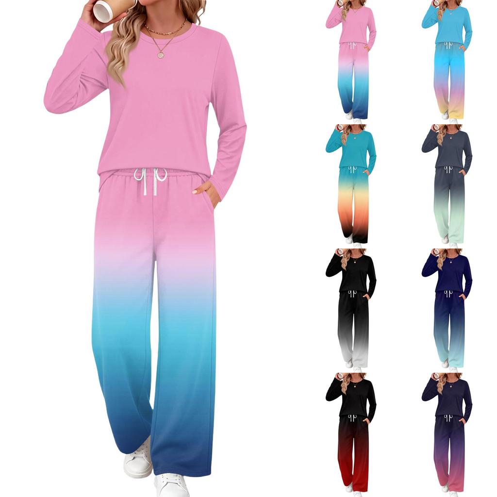 Women's Pajama Set with Pockets, Round Neck Long Sleeve Loose Fit Printed Casual Loungewear for Sleeping at Home