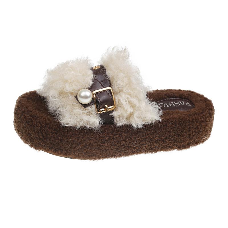 Thick bottom heightening foreign style fluffy slippers women's 2025 autumn and winter new outer wear Internet celebrity advanced sense one-word cotto