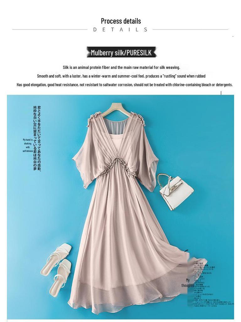 Women's Summer Long Silk Dress with Ruffle Edge - Simple, Solid Color