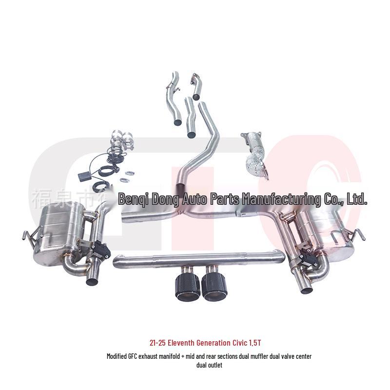 Carbon Fiber Dual-Valve Tailpipe for 11th Gen Civic 1.5T – Front, Mid, and Rear Sections with Dual-Pipe, Double-Outlet Design