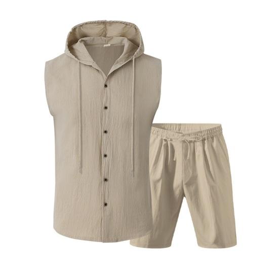 2Pcs/Set Men Summer Outfit Hooded Drawstring Sleeveless Shirt Adjustable Elastic Waistband Shorts Set Hiking Workout Casual Outfit