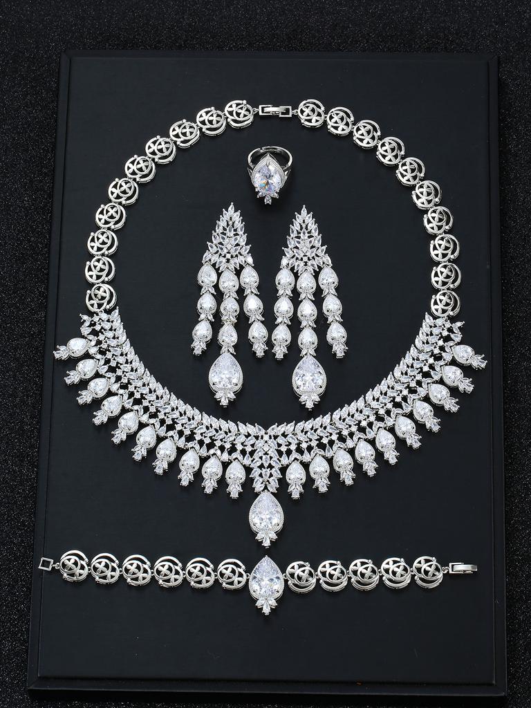 Bridal Zircon Necklace, Earrings, Bracelet, Ring Set, Exaggerated Luxury Four-piece Wedding Dress Accessories