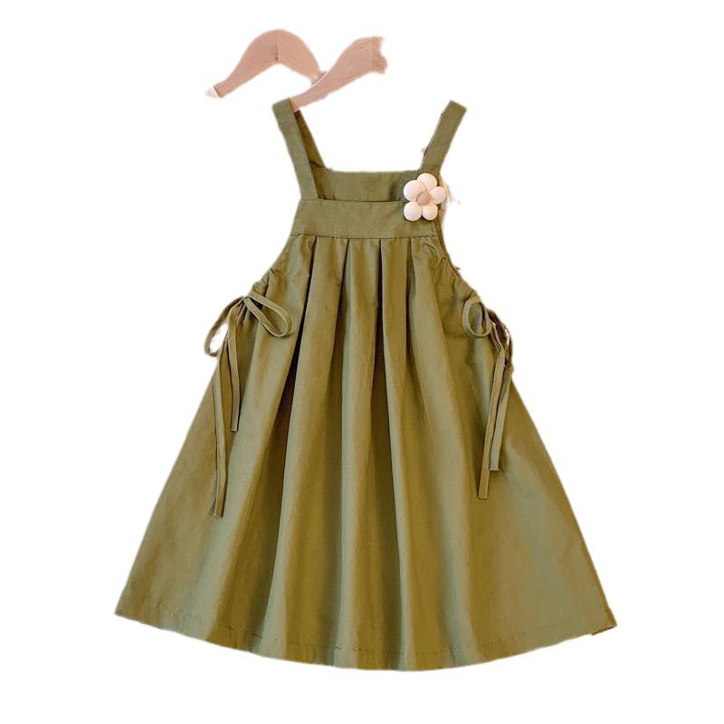 2024 Summer Girls' Stylish Casual Two-Piece: Bubble Sleeve Top & Suspender Dress