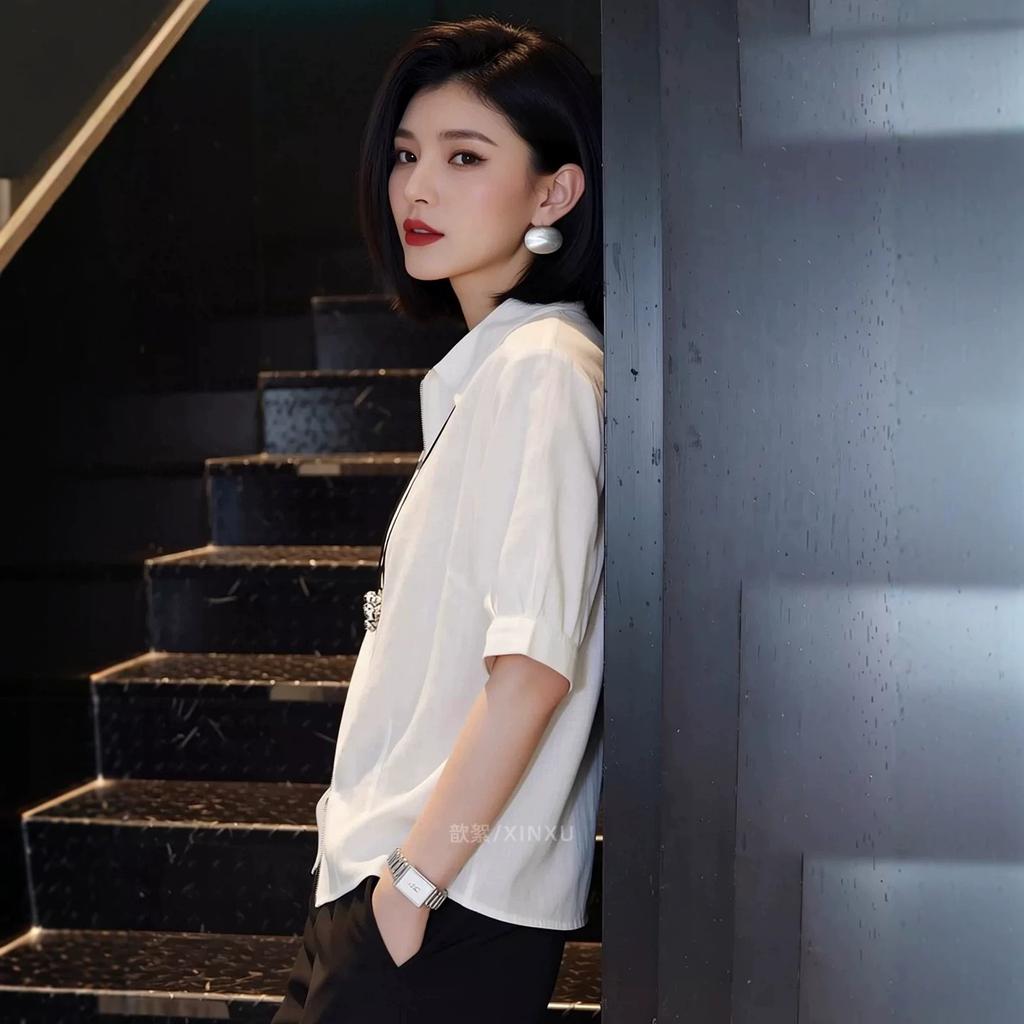 Summer new light luxury short-sleeved shirt lapel zipper design sense commuting versatile and thin coat female A