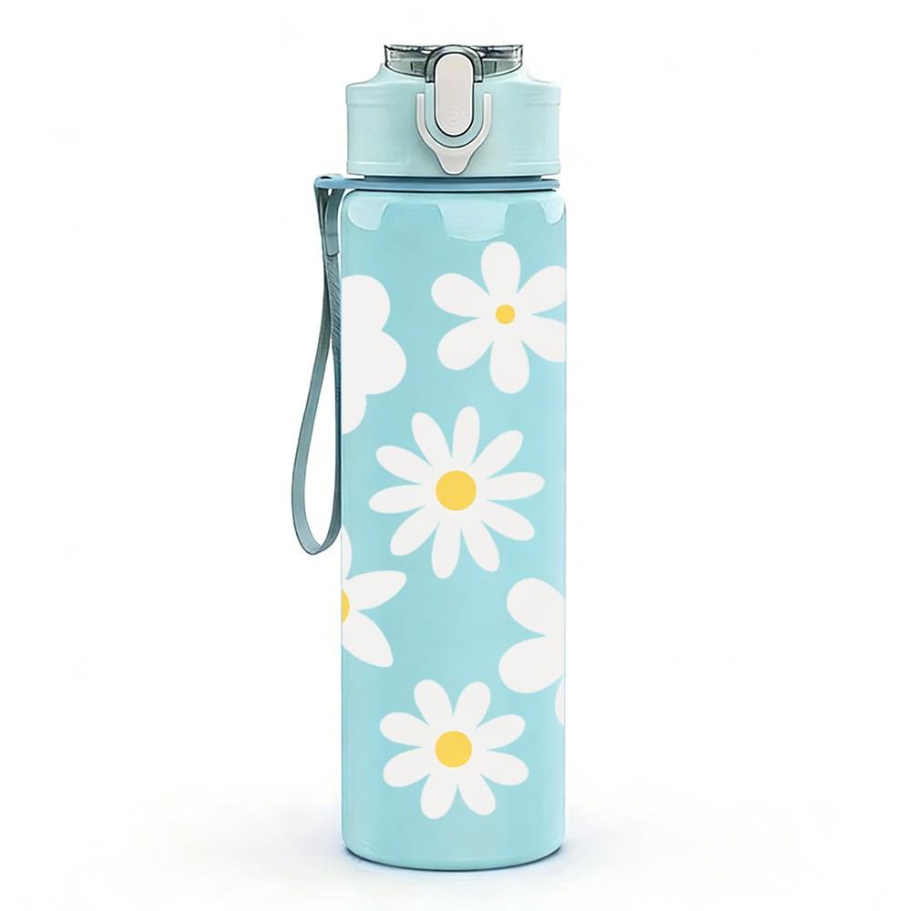 1PC White Daisy Flower Simple Floral Pattern 750ml Color Plastic Sports Water Bottle Leakproof Flip Straw Lid Suitable for Sports Office Home Use