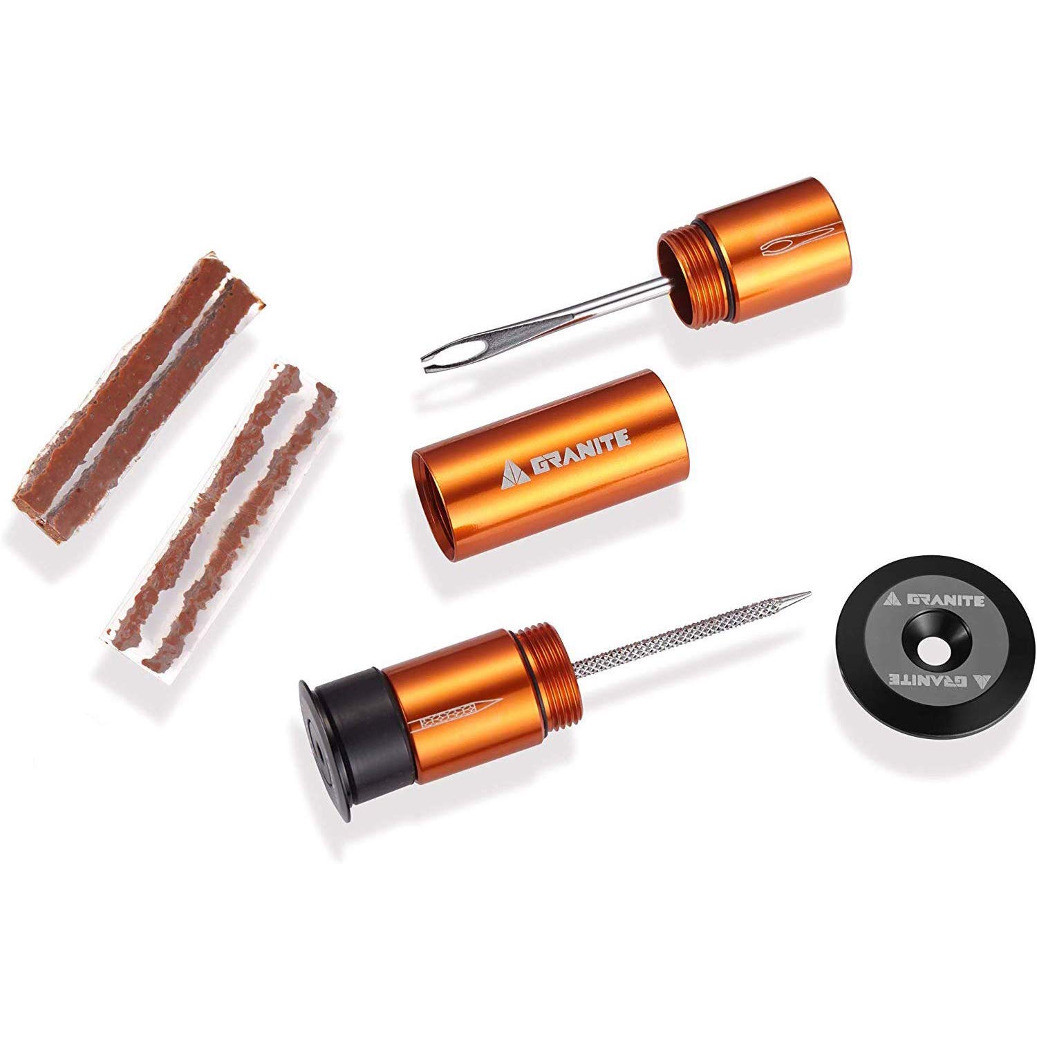

Granite Stash Tubeless Tire Repair Kit for Bike Tire Punctures Easily Stores on Your Handlebars Includes Two Different Size Tire Plugs - - (Orange) оранжевый
