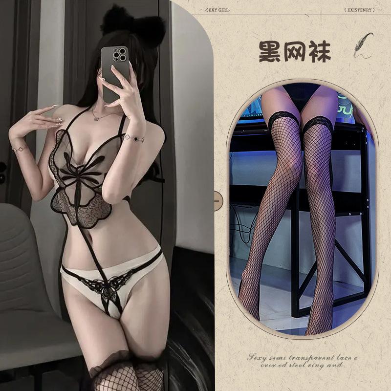 Sexy Lingerie Butterfly Onesie Three-point Pajamas Lace See-through Underwear No-take Uniform Passion Suit