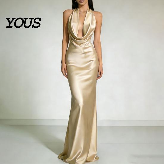 Party Dress Casual Women Sexy Backless Maxi Dress, Deep V Neck Sleeveless Versatile Halter Satin Long Formal Evening Mermaid Gown