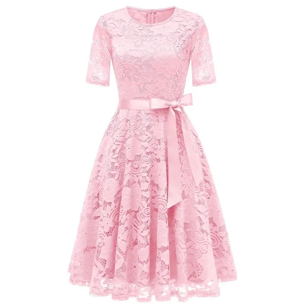 European, American spring and summer new fashion dress lace slim temperament bow dress
