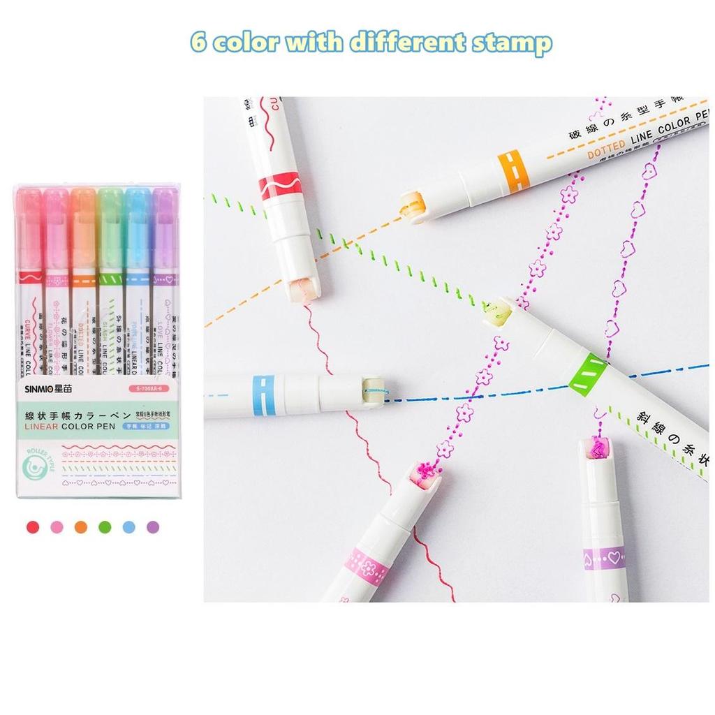 6pcs Line Shaped Highlighter Pen Multi Color Roller Tip Curve Liner Marker Highlighter Novelty Stationery School