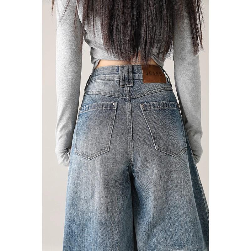Retro Wide-Leg Floor-Length Jeans for Women - Light Blue, Washed, Versatile, Ideal for Autumn Commutes