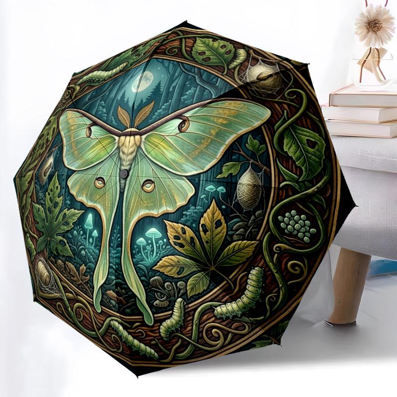 Moonlit Luna Moth Journey pattern umbrella, portable and foldable design, 8 ribs, a casual accessory for Halloween, Christmas, and birthday gifts.
