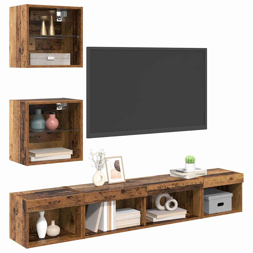 TV Wall Units with LED Lighting 5 pcs Reclaimed Wood Effect Particleboard