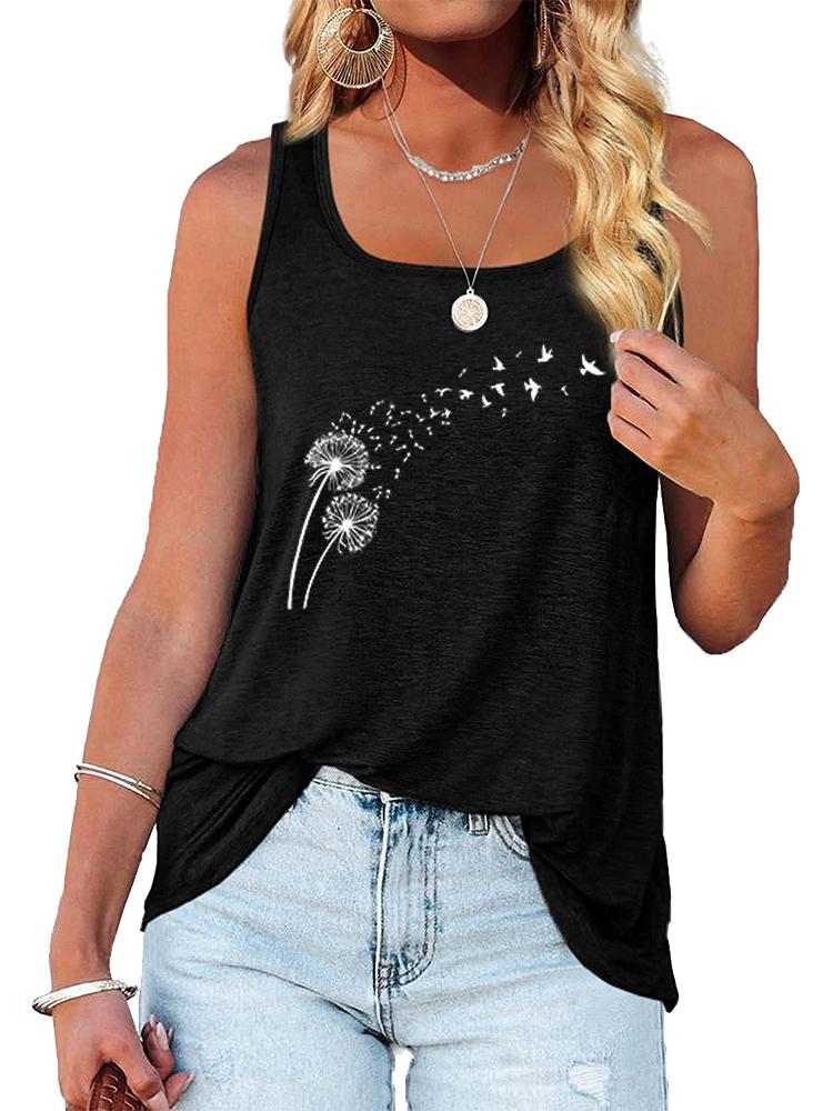 Women Fashion Print Sleeveless Top Summer Casual Round Neck T-shirt Pullover Loose Ladies Round Neck Tank Top
