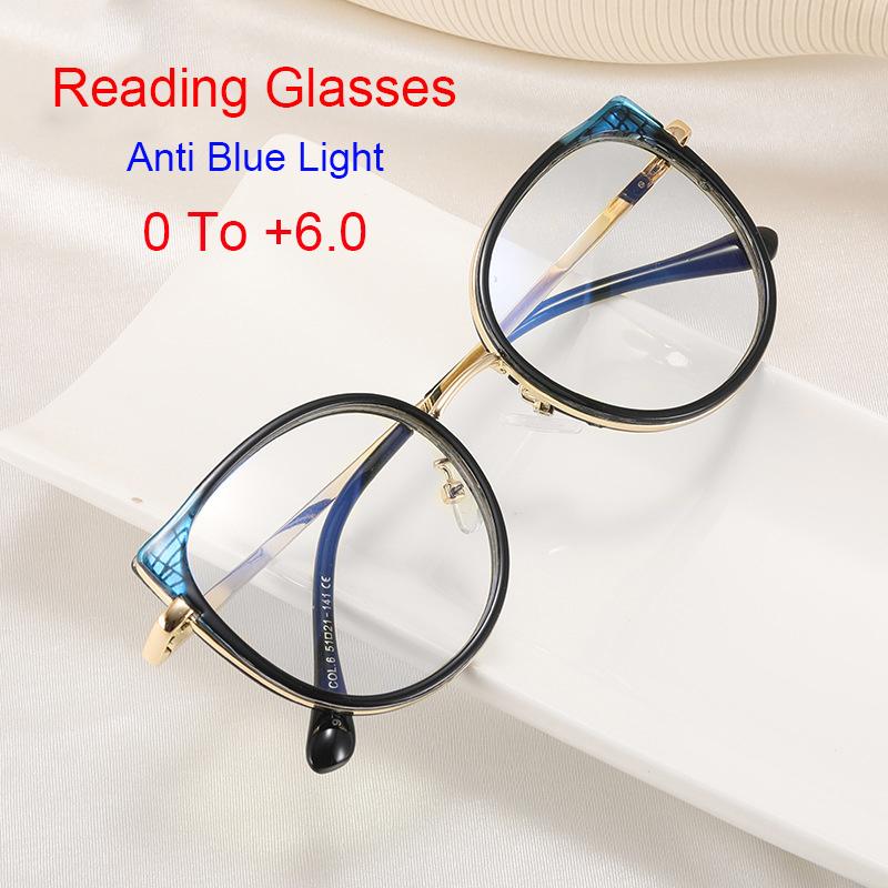 New Design Stylish Women Cat-Eye Shaped Presbyopia Eyeglasses Anti Blue Light PC Screen Glasses Trend Circular Double +Color Frame 0 to +6