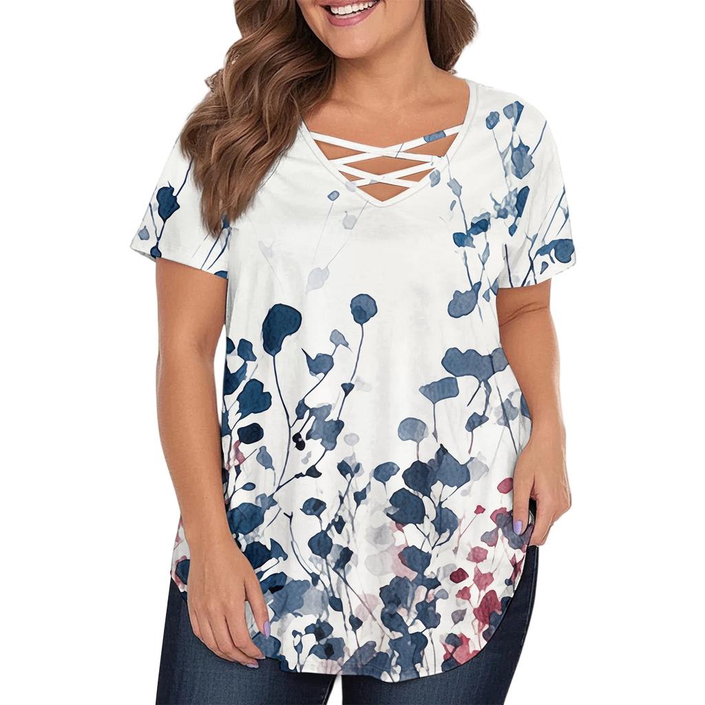Women's Fashion Casual Printed V-Neck Short Sleeve Large Size T-Shirt Top
