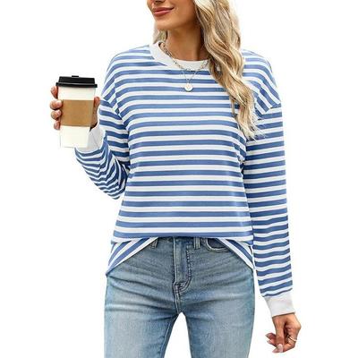 Damen Bottoming Shirt Herbst und Winter Neue Mode Kontrastfarbe Lose Rundhals Gestreiftes Langarmoberteil