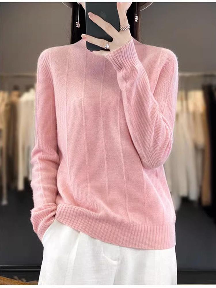 2023 Women's Pure Wool Round-Neck Sweater - Solid Color, Vertical Stripe, Commuter Style, Knitted for Warmth
