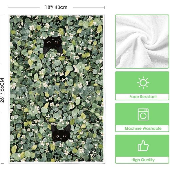 Artoid Mode Green Leaves Wild Flowers Black Cat Spring Kitchen Towels Dish Towels, 18x26 Inch Farmhouse Plants Decoration Hand Towels Set of 2