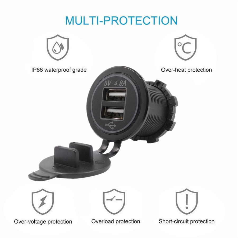 Waterproof Dual USB Charger Socket Power Outlet 2.4A & 2.4A (4.8A) with Wire In-line 10A Fuse for Car Boat Marine Motorcycle RV Truck Camper Vehicles
