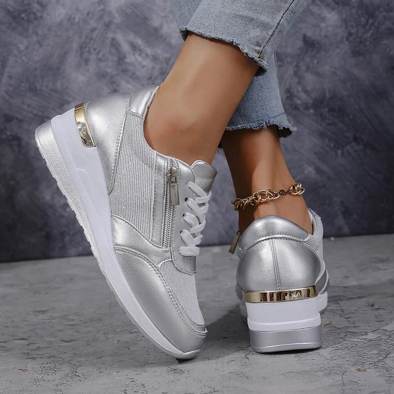 Fashion Fashion Women's Sneakers 2025 Spring Thick Bottom Silver Sneakers Wedge Heel Vulcanized Shoes for Women Comfort Lace Up Sneakers