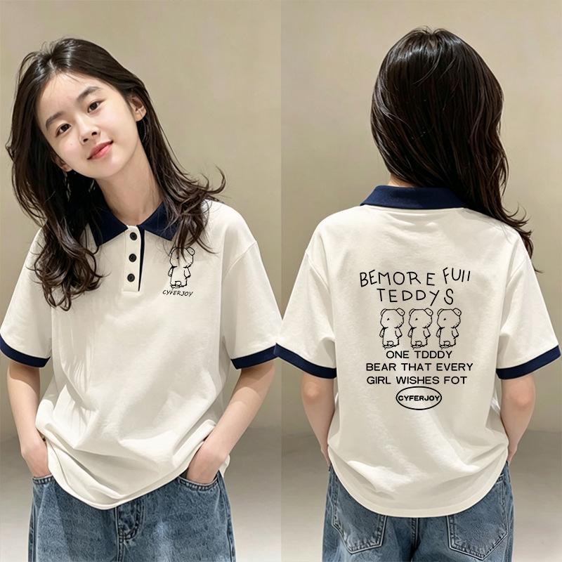 Girls' Stylish Patchwork Cotton Polo Shirt - Summer School Style Short Sleeve Top