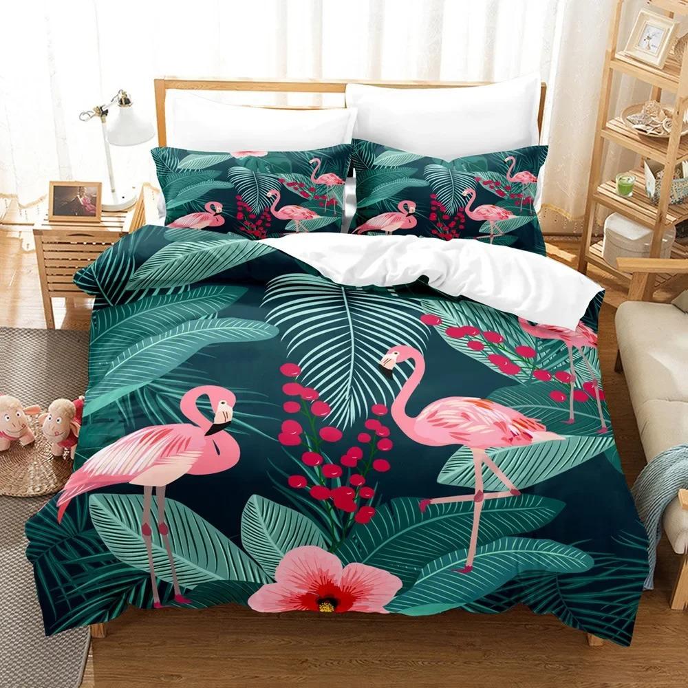 Flamingo Duvet Cover King/Queen Size Green Tropical Leaves Decor Bedding Set Palm Tree Flower Soft 2/3pcs Polyester Quilt Cover