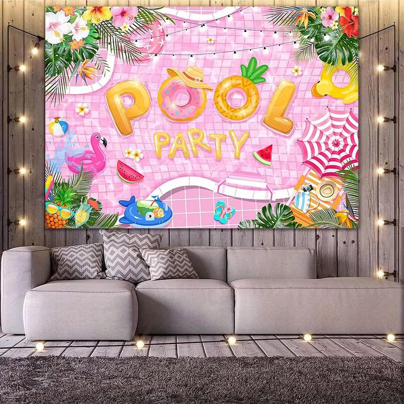 2D Summer Pool Party Backdrop with Watermelon and Pineapple for Kids Party