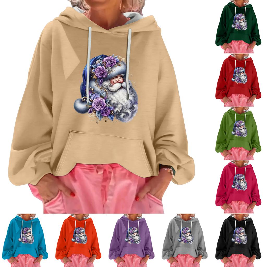 Women's Christmas Print Loose Casual Long Sleeve Hooded Sweatshirt