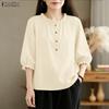 Women Casual Round Neck Solid Color 3/4 Sleeve Loose Blouse