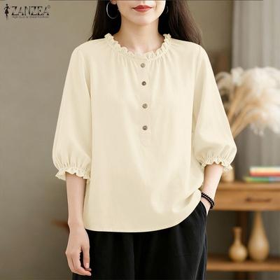 Blusa casual da donna a maniche 3/4 a tinta unita con scollo rotondo