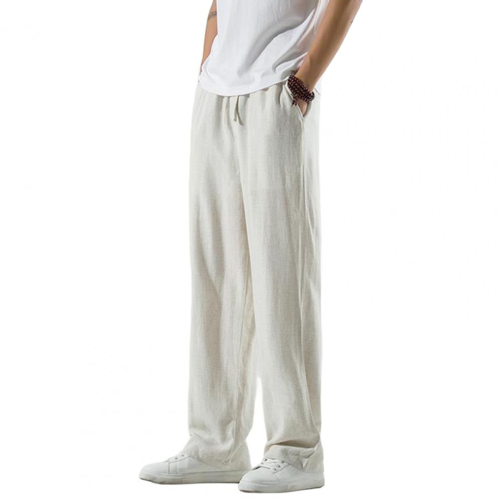 Men Pants Drawstring Elastic Waist Straight Leg Loose Solid Color Pockets Daily Wear Casual Sport Trousers Long Sweatpants