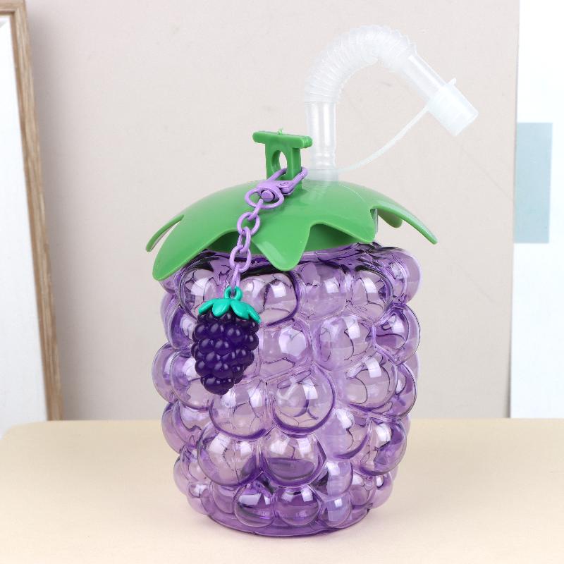 Bottiglia d'Acqua in Plastica a Forma di Uva con Cannuccia Carina Portatile Design Frutta Tazza Estate Spiaggia Festa in Piscina Bicchieri da Bere con Cannuccia